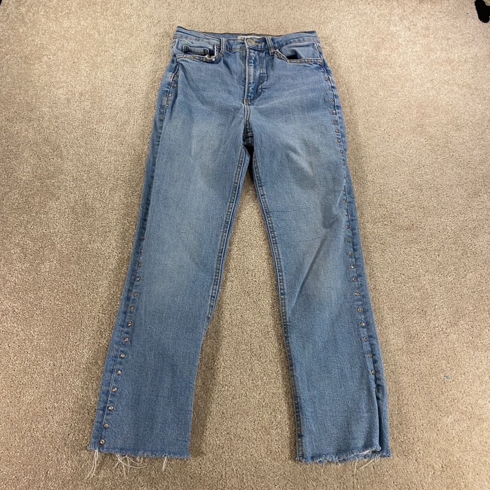 Zara Straight Leg Jeans Womens 2 Blue Rhinestone Studded Raw Hem High